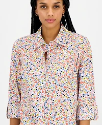 Nautica Jeans Women's Floral-Print Roll-Tab-Sleeve Cotton Shirt