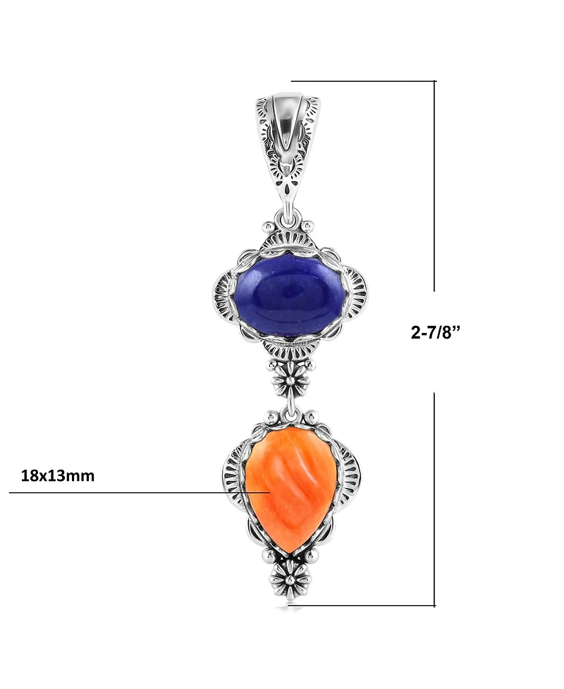 American West Jewelry Sterling Silver Pear and Oval Lapis and Orange Spiny Oyster Linear Pendant Enhancer