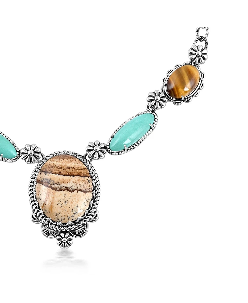 American West Jewelry Sterling Silver Picture Jasper, Green Turquoise and Tiger's Eye Concha Station Necklace, 17 to 20 Inches