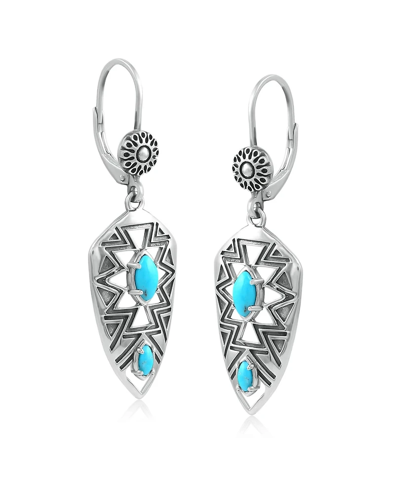 American West Jewelry Sterling Silver Marquise Kingman Turquoise Patterned Lever Back Earrings
