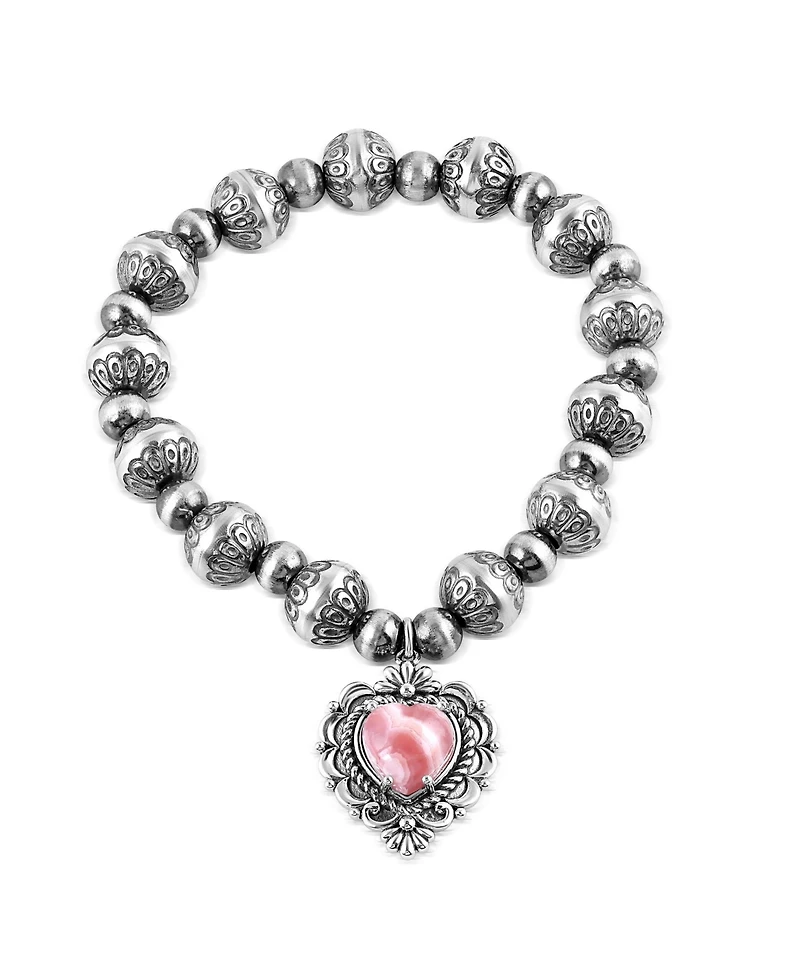 American West Jewelry Sterling Silver Rhodochrosite Heart Charm Bead Bracelet