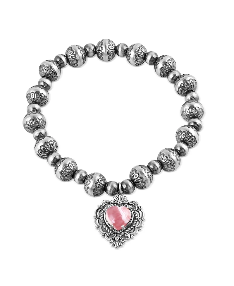 American West Jewelry Sterling Silver Rhodochrosite Heart Charm Bead Bracelet, Sizes Medium to Large