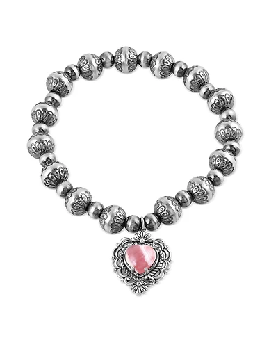 American West Jewelry Sterling Silver Rhodochrosite Heart Charm Bead Bracelet, Sizes Medium to Large