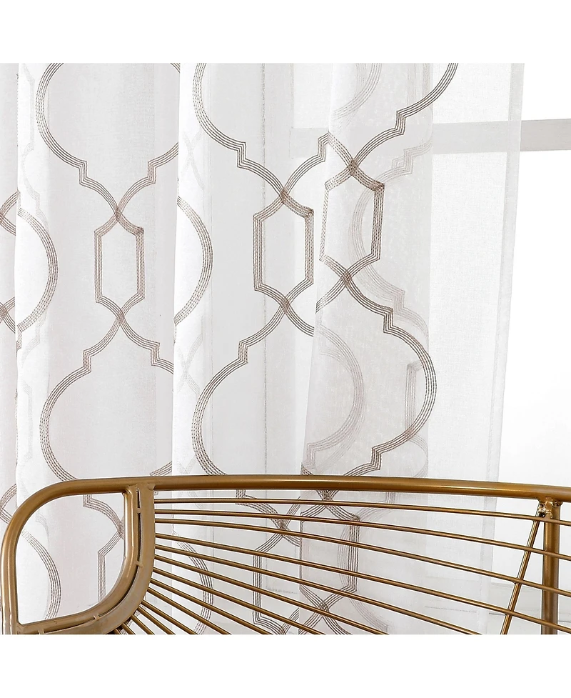 Kate Aurora Transcendence 1 Piece Grommet Top Embroidered Sheer Trellis Clover Window Curtain Panel - Silver