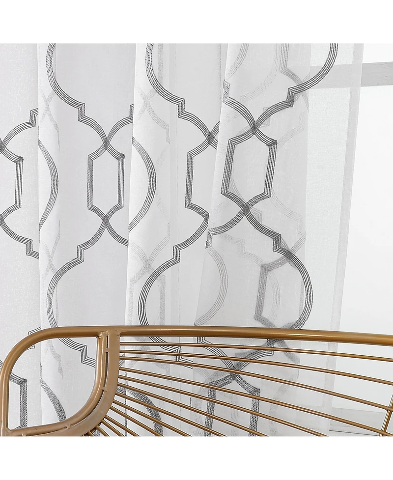 Kate Aurora Transcendence 1 Piece Grommet Top Embroidered Sheer Trellis Clover Window Curtain Panel - Silver