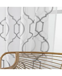 Kate Aurora Transcendence 1 Piece Grommet Top Embroidered Sheer Trellis Clover Window Curtain Panel - Silver