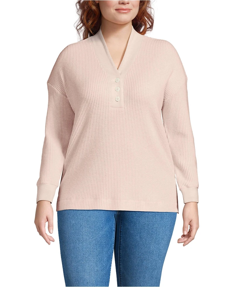 Lands' End Plus Long Sleeve Waffle Shawl Collar Henley