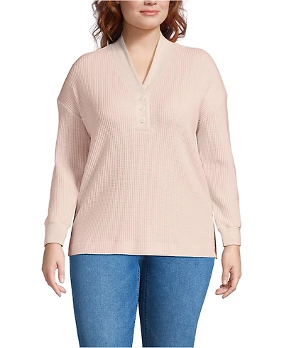 Lands' End Plus Long Sleeve Waffle Shawl Collar Henley