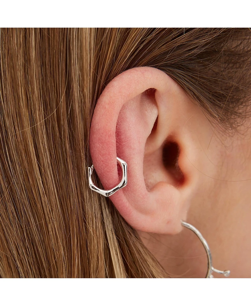 Bone Shape Hexagonal Huggie Hoop Earrings in Sterling Silver