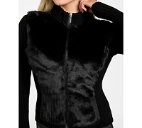 Guess Women's Mila Mixed Media Faux-Fur Zip-Front Cardigan