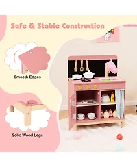 Gymax Play Kitchen for Kids w/ Door Curtain Stoves Sink & Oven Cookware Accessories