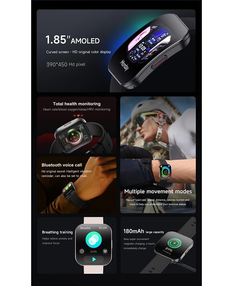 Ruxing Smart 1.85" Amoled Curved Screen Smart Watch Multifunctional With Bluetooth Voice Calling, Health, Sport Modes, IP68 for Women Men