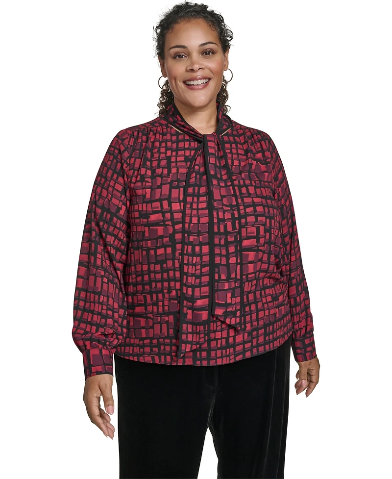 Calvin Klein Plus Printed Long Sleeves Tie Neck Top