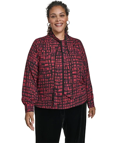 Calvin Klein Plus Printed Long Sleeves Tie Neck Top