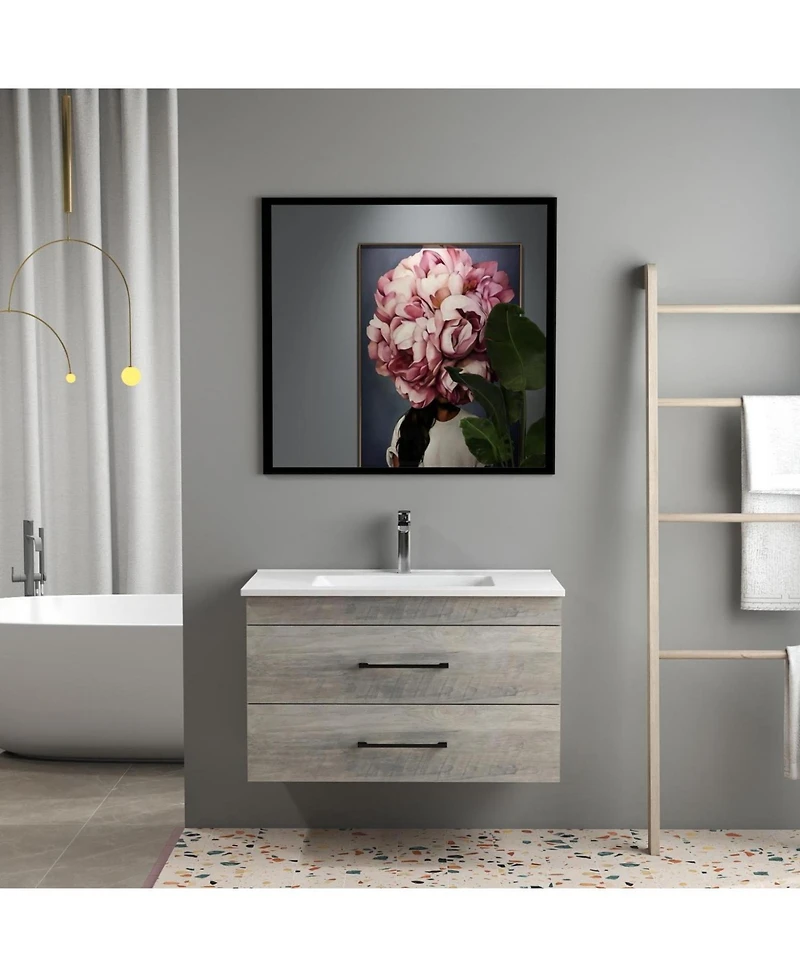 Streamdale Furniture 32" Grey Wood Vanity, Ceramic Sink, Mirror - Modern Bathroom