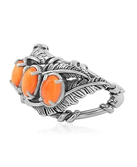 American West Jewelry Sterling Silver Orange Spiny Oyster Three Stone Feather Ring,