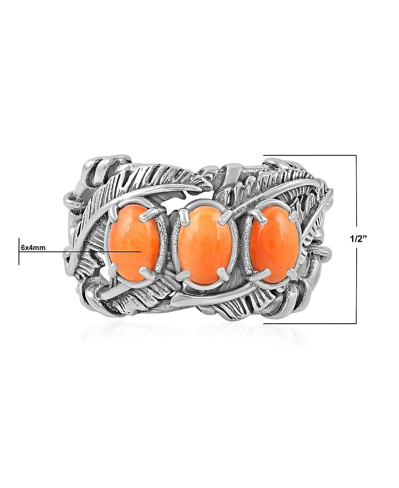American West Jewelry Sterling Silver Orange Spiny Oyster Three Stone Feather Ring,