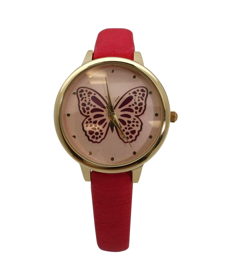 Olivia PrattHot Pink Thin Faux Leather Butterfly Face Women Watch