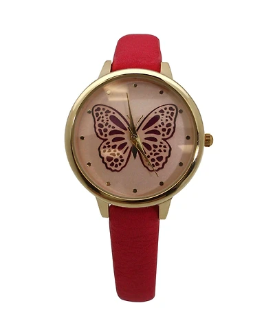 Olivia PrattHot Pink Thin Faux Leather Butterfly Face Women Watch