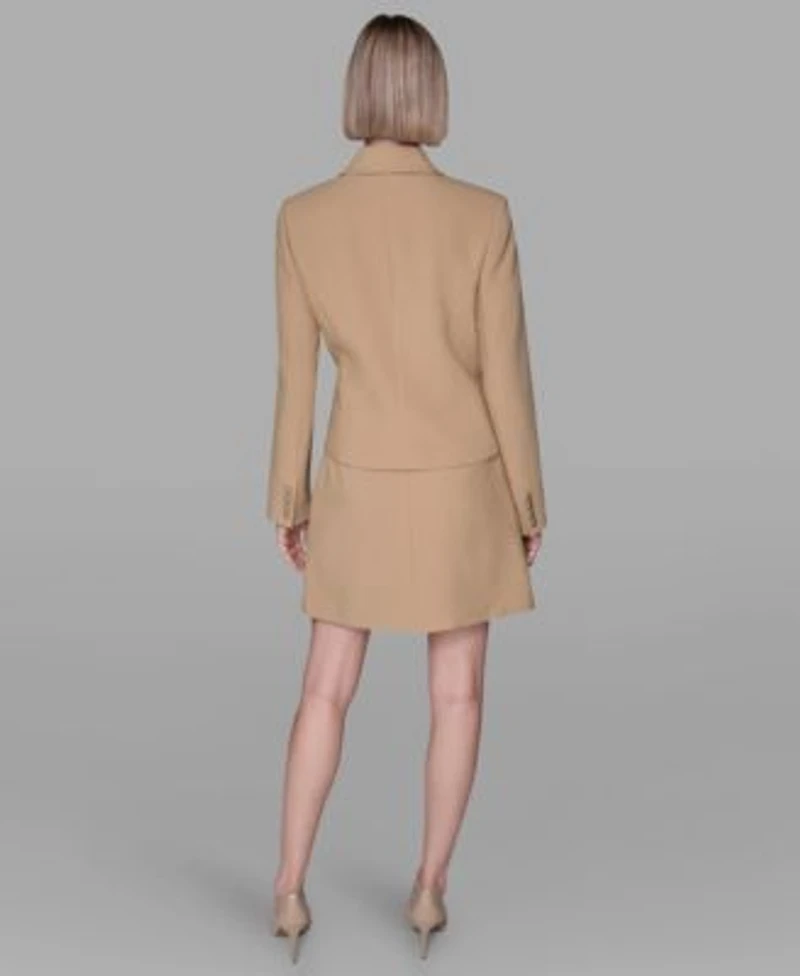 Karl Lagerfeld Paris Womens Long Sleeve Cropped Button Jacket Short Sleeve Ribbed Sweater Knee Length Button Detail Skirt