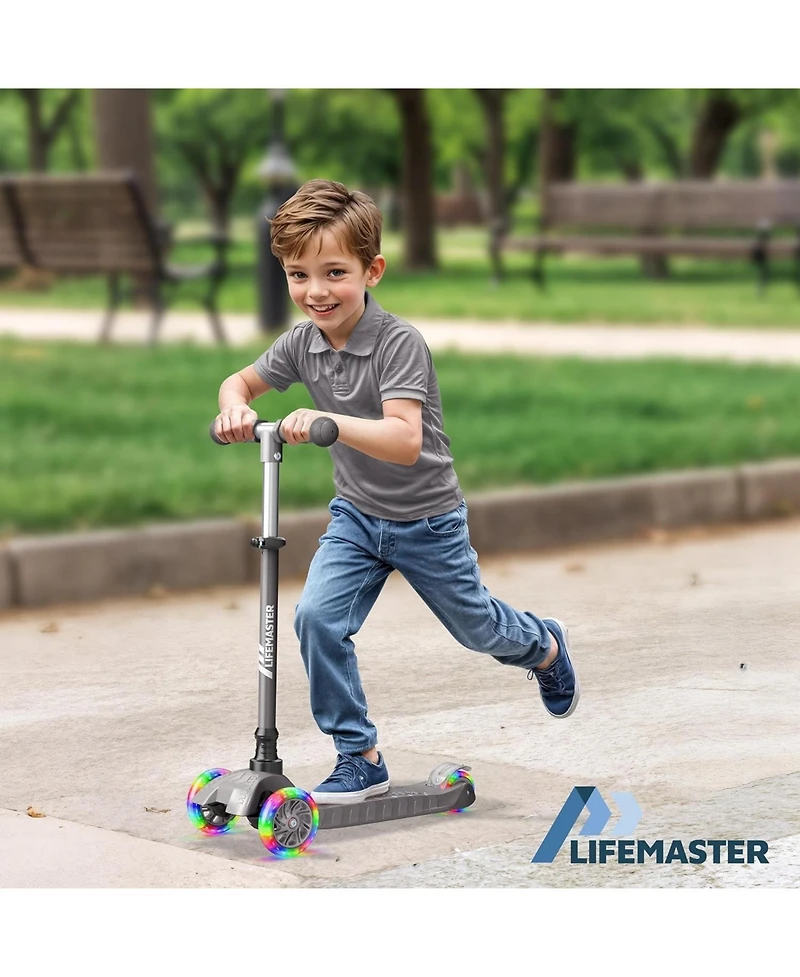 Lifemaster Mini 3-Wheel Kids Scooter with Multi-Color Wheel Lights – 4-Height Adjustable Handlebar, Wide Anti-Slip Deck, Child Safety Certified