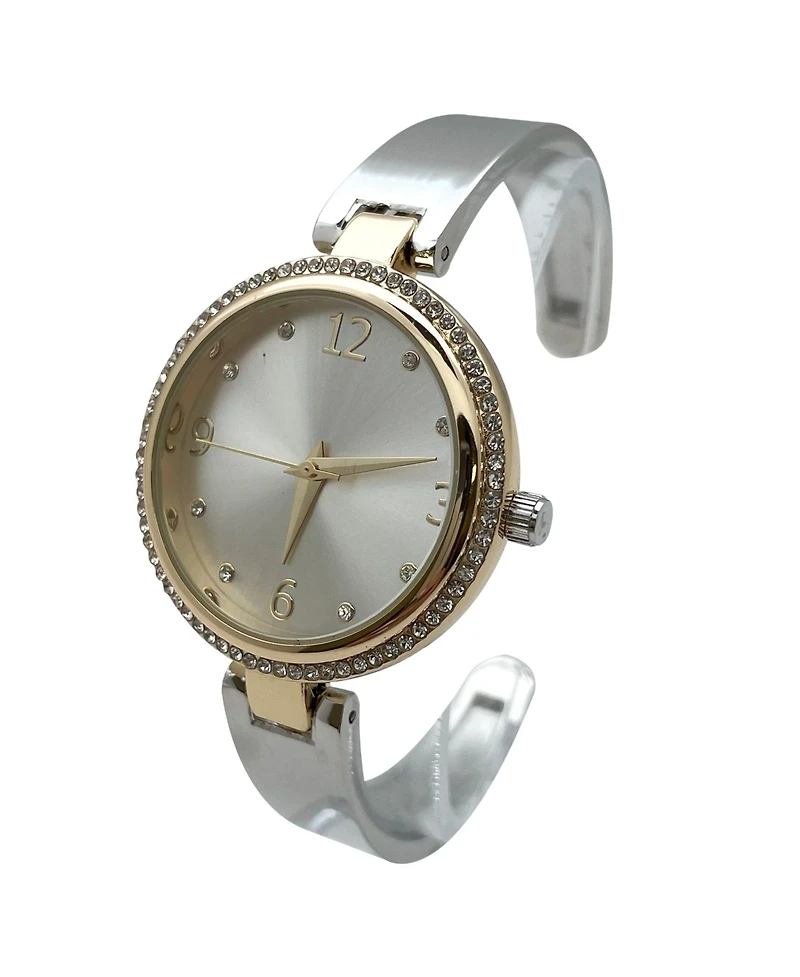 Olivia Pratt Two Tone Round Face Rhinestone Bezel Soft Bangle Women Watch