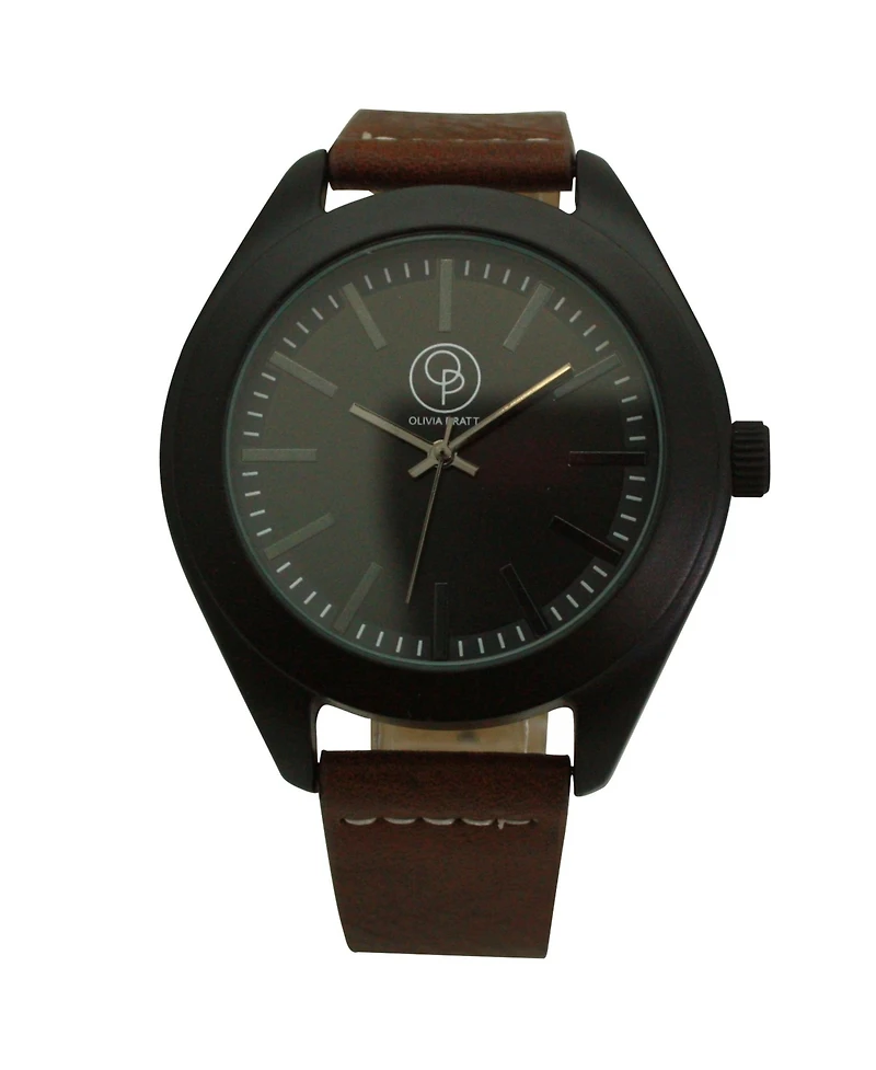 Olivia Pratt Dark Brown Black Minimalist Faux Leather Band Men Watch