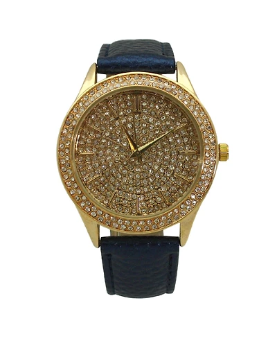 Olivia Pratt Blue Rhinestione Big Face Detail Leather Strap Watch