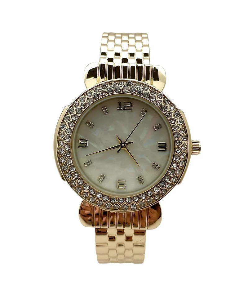 Olivia Pratt Gold Round Face Rhinestone Bezel Bangle Women Watch