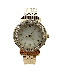 Olivia Pratt Gold Round Face Rhinestone Bezel Bangle Women Watch