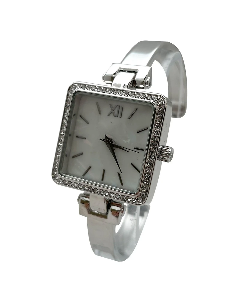 Olivia Pratt Silver Square Face Thin Rhinestone Bezel Bangle Women Watch
