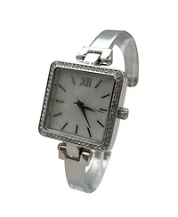 Olivia Pratt Silver Square Face Thin Rhinestone Bezel Bangle Women Watch