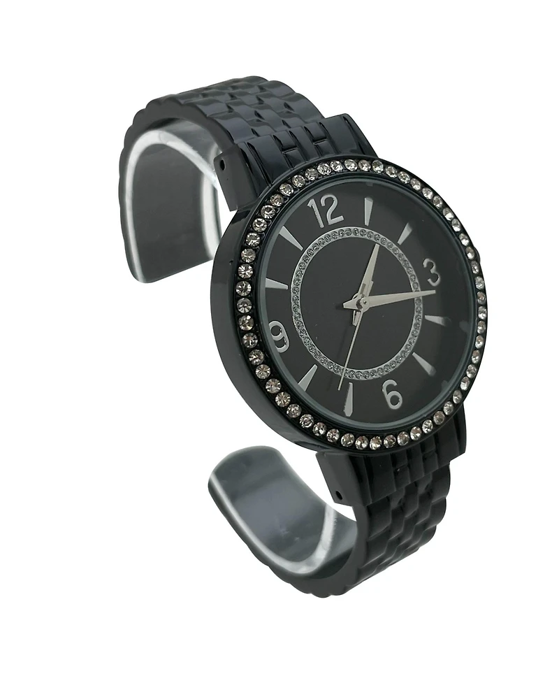 Olivia Pratt Black Round Face Rhinestone Bezel Textured Bangle Women Watch