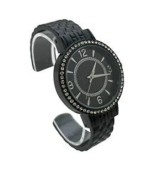 Olivia Pratt Black Round Face Rhinestone Bezel Textured Bangle Women Watch