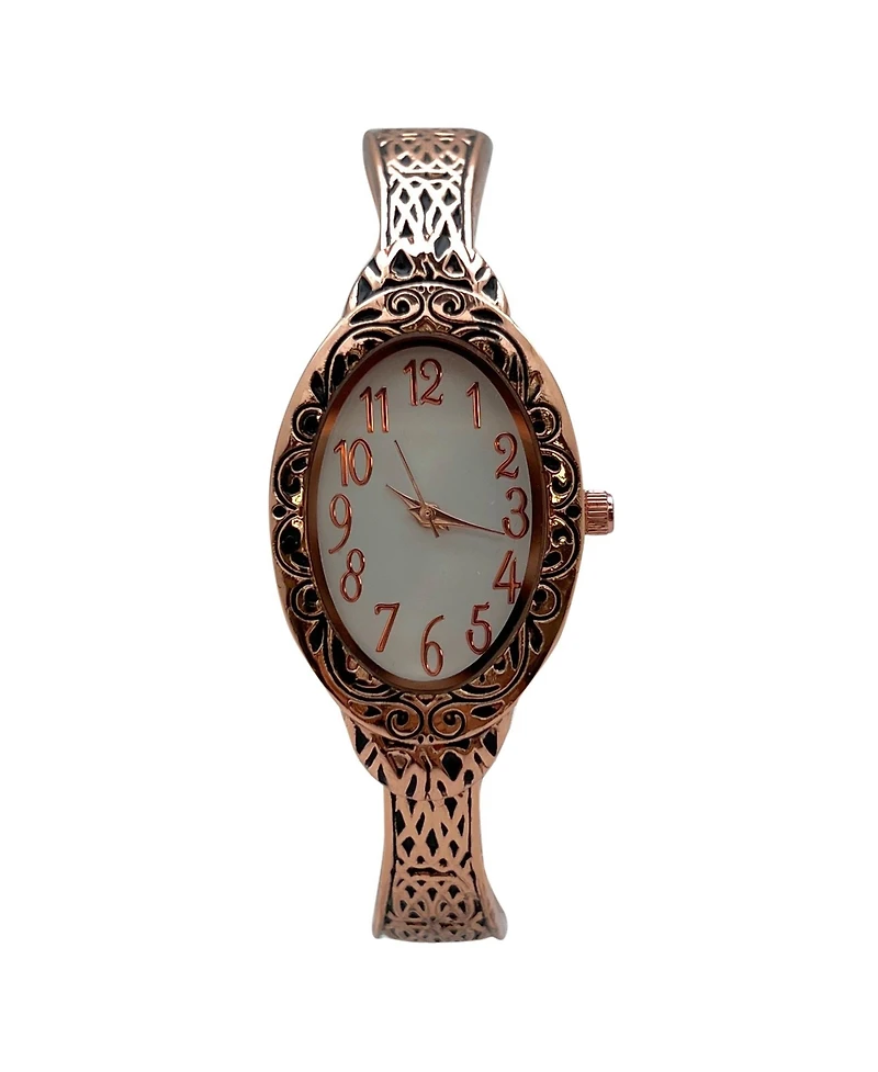 Olivia Pratt Rose Gold Oval Face Elegant Textured Bangle Women Watch