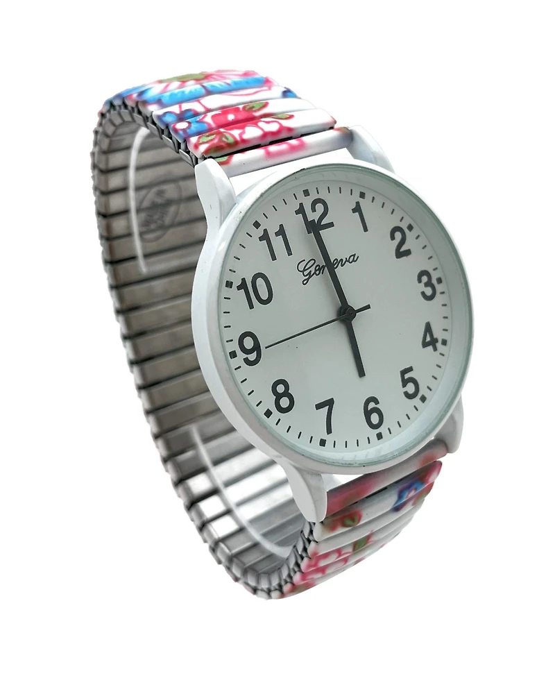 Olivia Pratt White Multi Big Dial Easy Reader Watch Abstract Elastic Stretch Band Wristwatch Women Watch