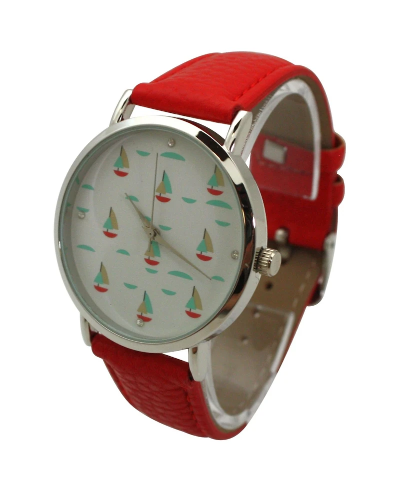 Oliva Pratt Red Faux Leather Sailing Boats Dial Women Watch