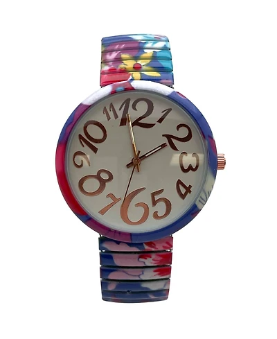 Olivia Pratt Colorful Floral Big Dial Easy Reader Watch Floral Elastic Stretch Band Wristwatch Women Watch