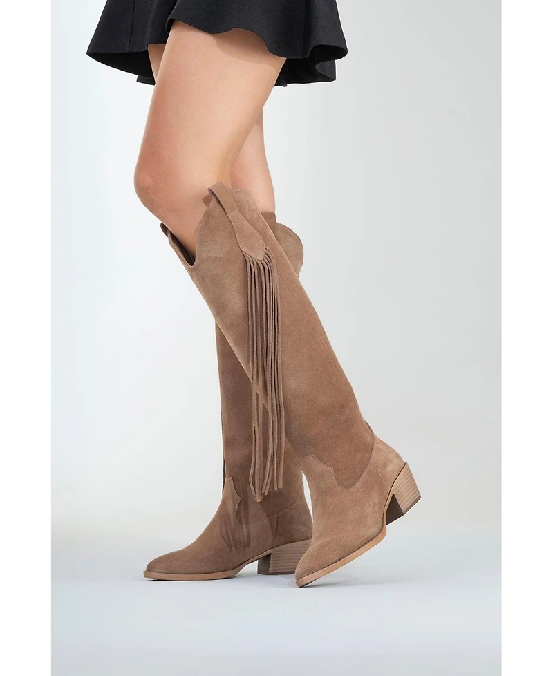 Forever & Always Shoes Rios Leather Fringe Knee High Boot (Women)