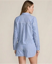 Lands' End Women's Cotton Poplin 2 Piece Pajama Set - Long Sleeve Top and Shorts with Piping