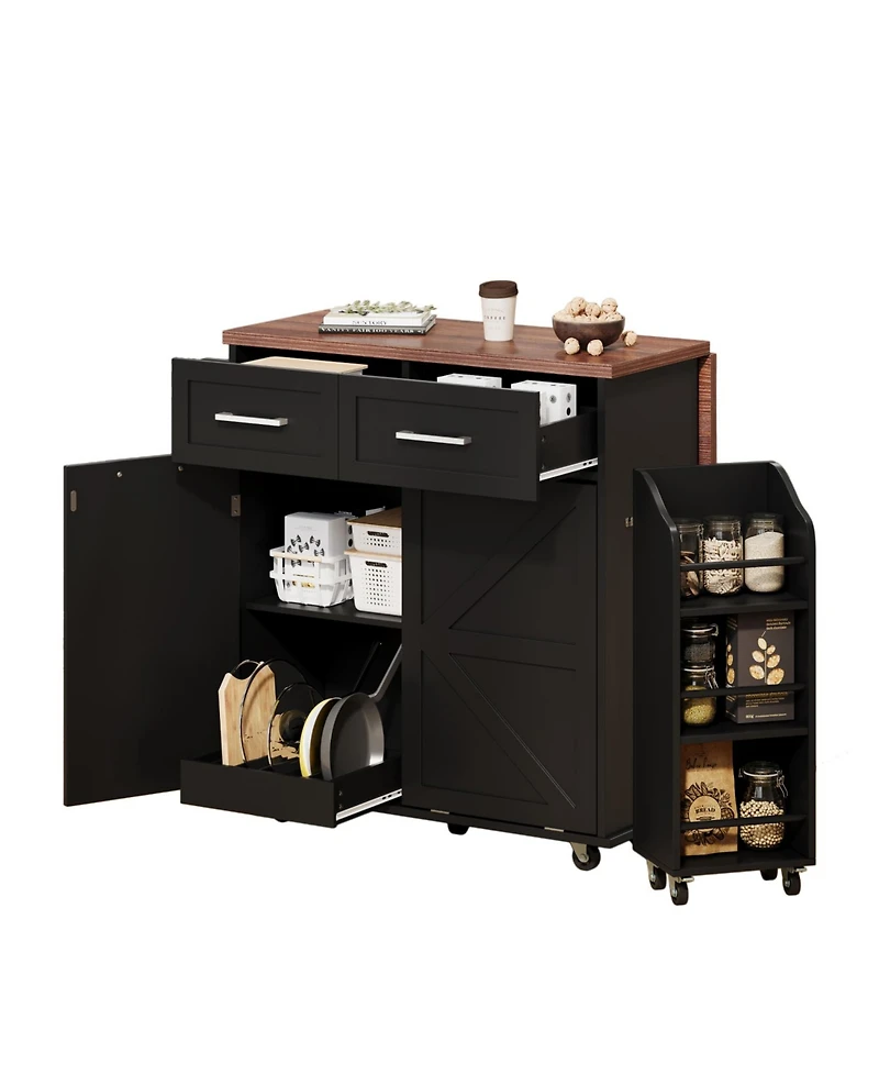 Streamdale 47.2" Farmhouse Kitchen Island with Drop Leaf & Storage, Rolling Cart, Black