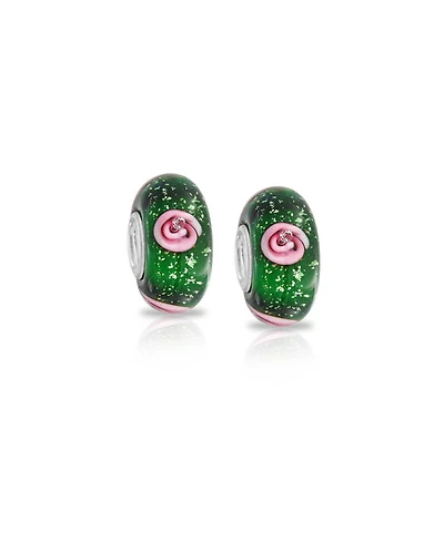 Bling Jewelry Set of 2 Murano Glass Charm Bead Sterling Silver Core Floral Blue Pink Green Spacer