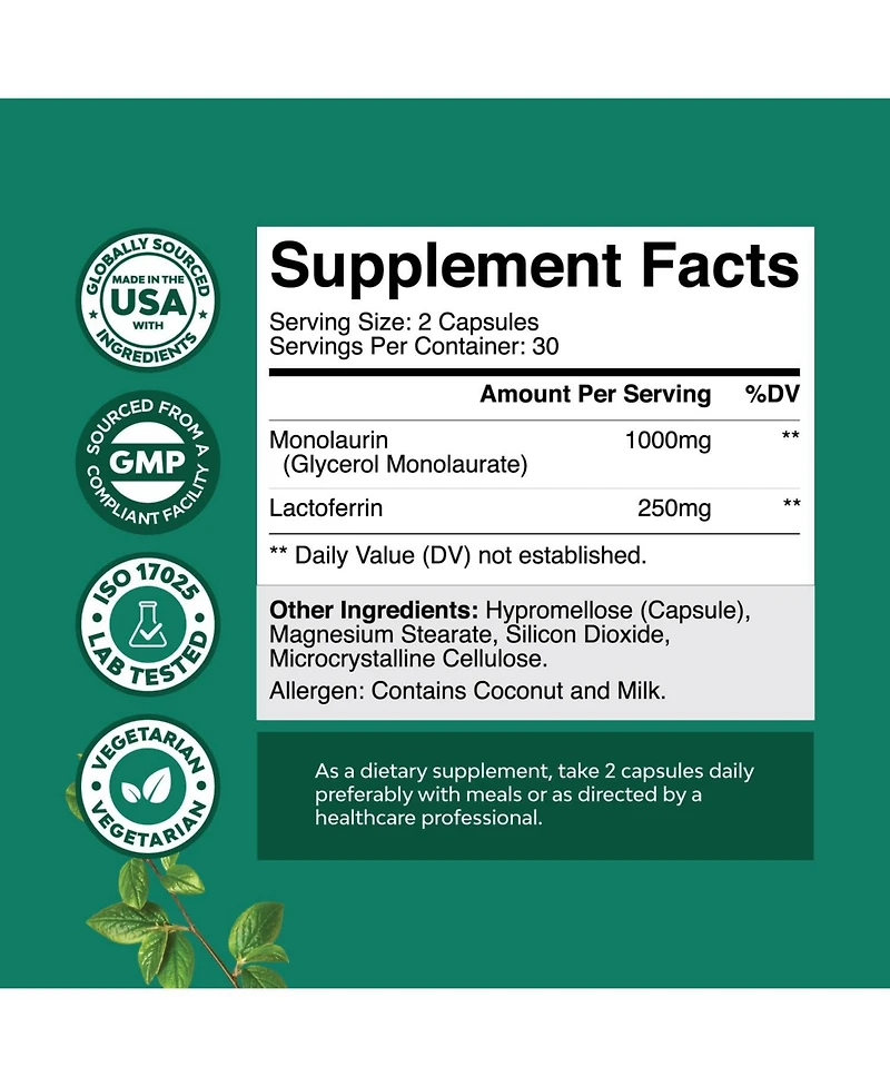 Monolaurin + Lactoferrin Capsules, Off-whtie/Beige, 60ct