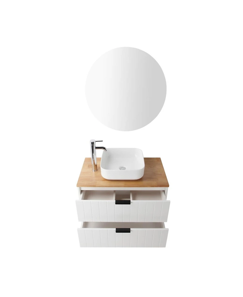 Streamdale 32" Double Drawer White Vanity, Natural Wood Top, Ceramic Sink & Round Mirror