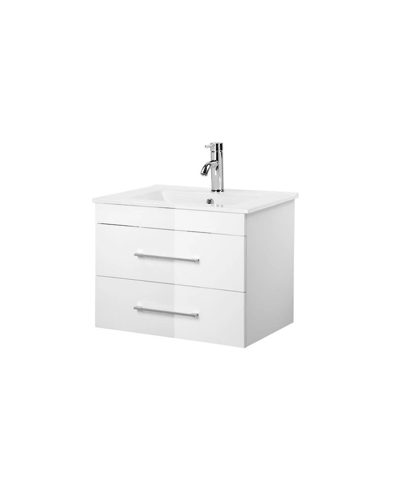 Streamdale 24" White Gloss Wall-Mount Vanity, Double Drawer, Ceramic Sink