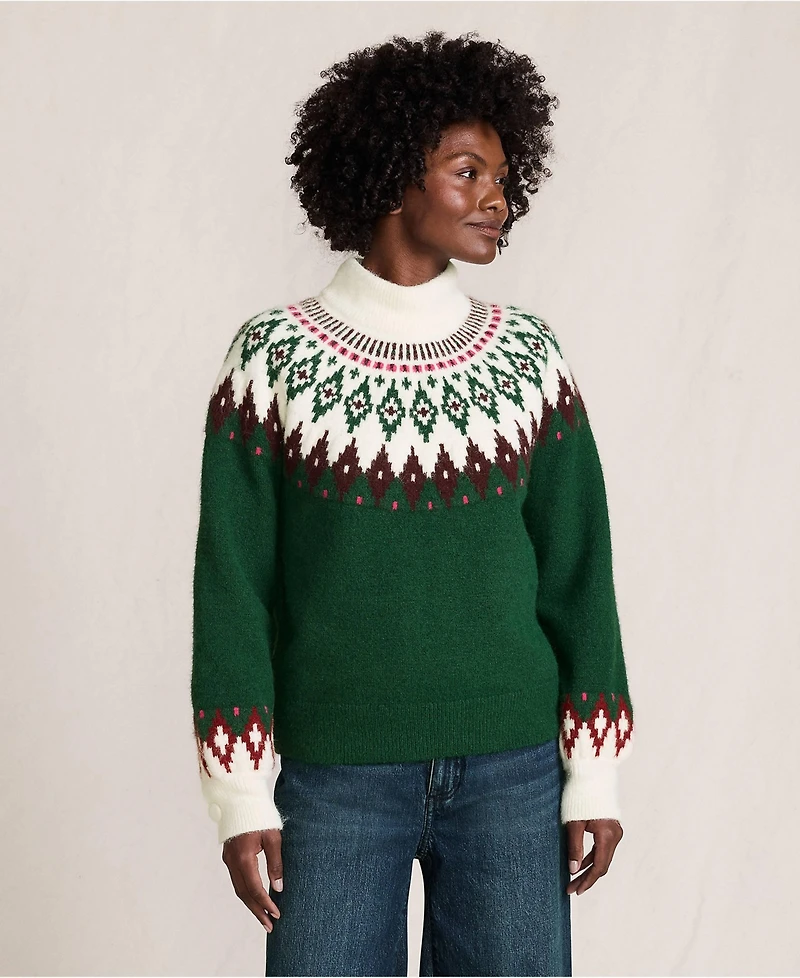 Lands' End Women's Fuzzy Turtleneck Lantern Sleeve Jacquard Sweater