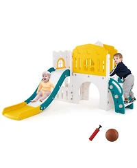 Gymax 9 in 1 Toddler Slide L Shaped Kids Slide and Climber Playset w/ Basketball Hoop