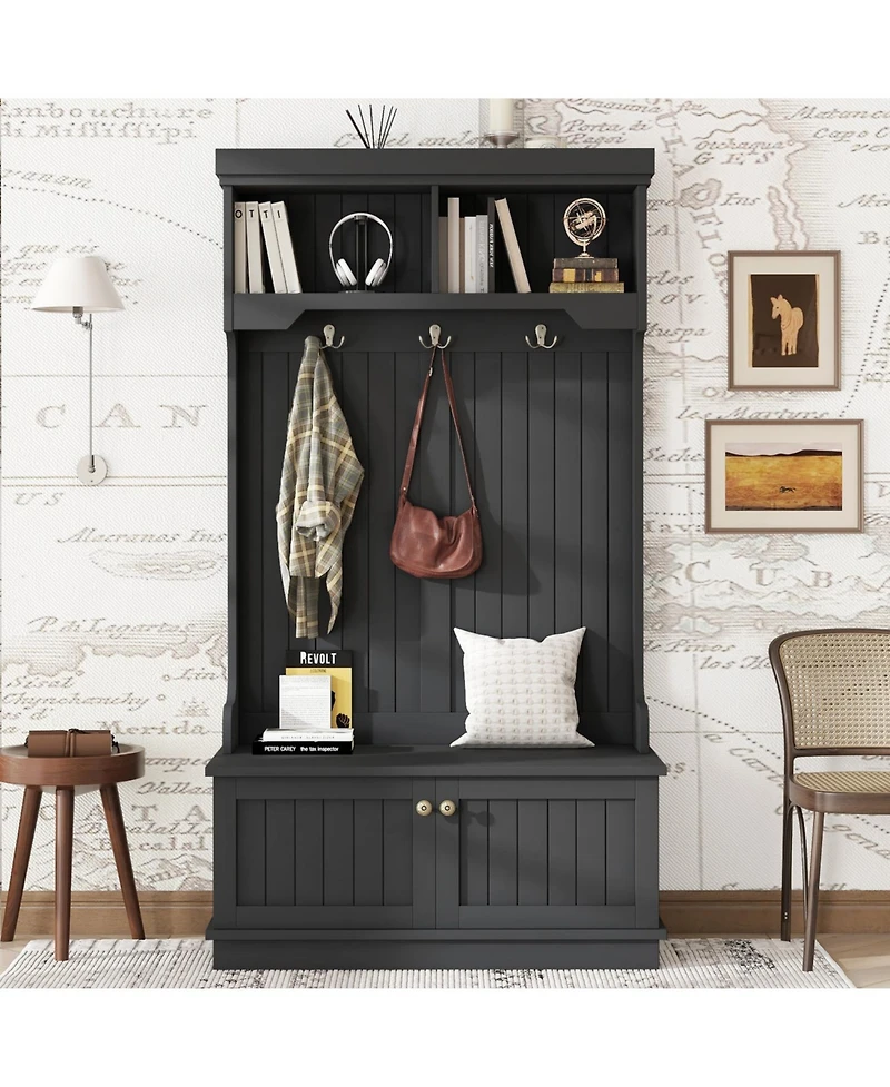 Streamdale Hall Tree Storage Bench Coat Rack Hooks - Black