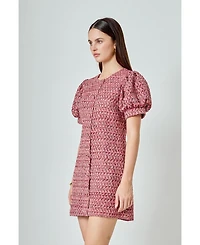 endless rose Women's Tweed Puff Sleeve Mini Dress