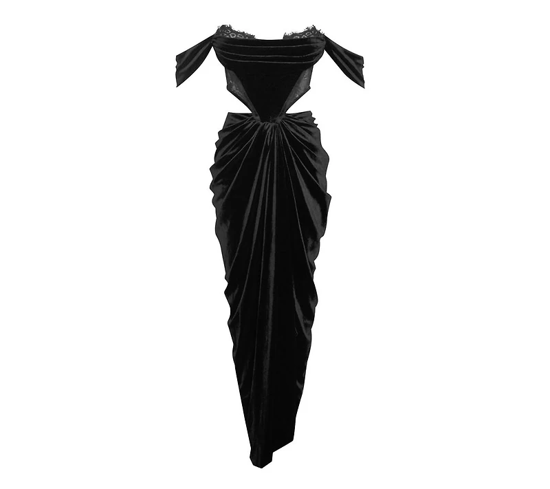 Miss Circle Women's Quintessa Black Lace Velvet Corset Off Shoulder Gown